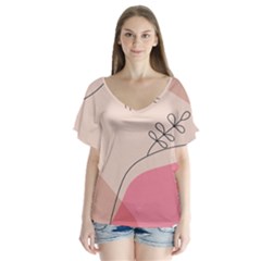 Pink Pattern Line Art Texture Minimalist Design V-neck Flutter Sleeve Top by Maspions