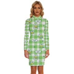 Frog Cartoon Pattern Cloud Animal Cute Seamless Long Sleeve Shirt Collar Bodycon Dress by Bedest