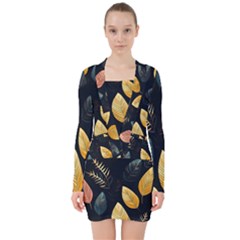 Gold Yellow Leaves Fauna Dark Background Dark Black Background Black Nature Forest Texture Wall Wall V-neck Bodycon Long Sleeve Dress by Bedest