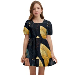 Gold Yellow Leaves Fauna Dark Background Dark Black Background Black Nature Forest Texture Wall Wall Kids  Short Sleeve Dolly Dress by Bedest