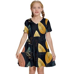 Gold Yellow Leaves Fauna Dark Background Dark Black Background Black Nature Forest Texture Wall Wall Kids  Short Sleeve Tiered Mini Dress by Bedest