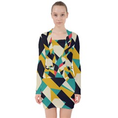 Geometric Pattern Retro Colorful Abstract V-neck Bodycon Long Sleeve Dress by Bedest