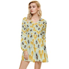 Bees Pattern Honey Bee Bug Honeycomb Honey Beehive Tiered Long Sleeve Mini Dress by Bedest