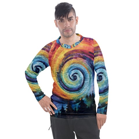 Cosmic Rainbow Quilt Artistic Swirl Spiral Forest Silhouette Fantasy Men s Pique Long Sleeve T-shirt by Maspions