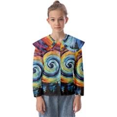 Cosmic Rainbow Quilt Artistic Swirl Spiral Forest Silhouette Fantasy Kids  Peter Pan Collar Blouse by Maspions