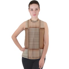 Wooden Wickerwork Texture Square Pattern Mock Neck Chiffon Sleeveless Top by Maspions