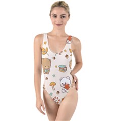 Bear Cartoon Background Pattern Seamless Animal High Leg Strappy Swimsuit by Maspions