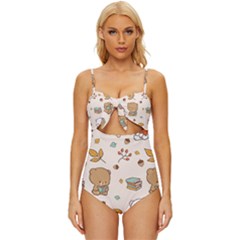 Bear Cartoon Background Pattern Seamless Animal Knot Front One-piece Swimsuit by Maspions