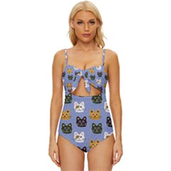 Cat Cat Background Animals Little Cat Pets Kittens Knot Front One-piece Swimsuit by Maspions