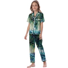 Trees Forest Mystical Forest Background Landscape Nature Kids  Satin Short Sleeve Pajamas Set by Maspions