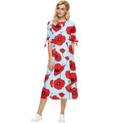 Poppies Flowers Red Seamless Pattern Bow Sleeve Chiffon Midi Dress by Maspions