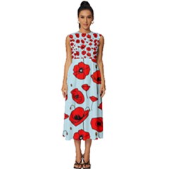 Poppies Flowers Red Seamless Pattern Sleeveless Round Neck Midi Dress by Maspions