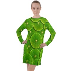 Lime Textures Macro, Tropical Fruits, Citrus Fruits, Green Lemon Texture Long Sleeve Hoodie Dress by nateshop