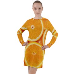 Oranges Textures, Close-up, Tropical Fruits, Citrus Fruits, Fruits Long Sleeve Hoodie Dress by nateshop