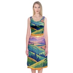 Field Valley Nature Meadows Flowers Dawn Landscape Midi Sleeveless Dress by Maspions