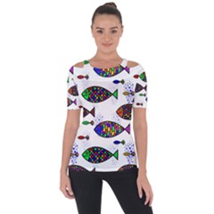 Fish Abstract Colorful Shoulder Cut Out Short Sleeve Top by Maspions