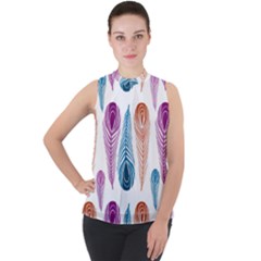 Pen Peacock Colors Colored Pattern Mock Neck Chiffon Sleeveless Top by Maspions