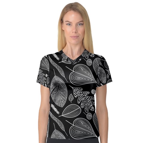 Leaves Flora Black White Nature V-neck Sport Mesh T-shirt by Maspions