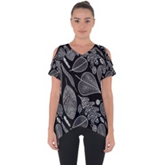 Leaves Flora Black White Nature Cut Out Side Drop T-shirt by Maspions