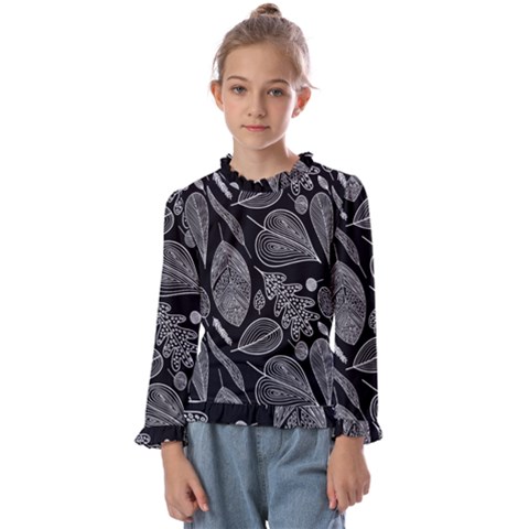 Leaves Flora Black White Nature Kids  Frill Detail T-shirt by Maspions