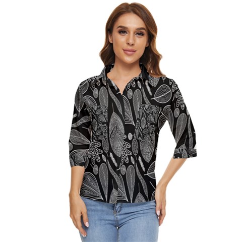 Leaves Flora Black White Nature Women s Quarter Sleeve Pocket Shirt by Maspions