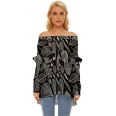 Leaves Flora Black White Nature Off Shoulder Chiffon Pocket Shirt by Maspions