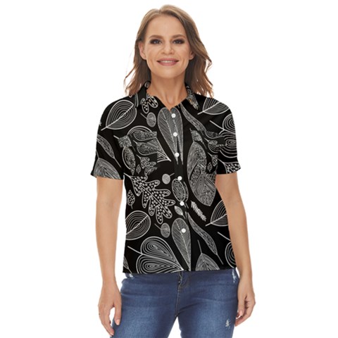 Leaves Flora Black White Nature Women s Short Sleeve Double Pocket Shirt by Maspions