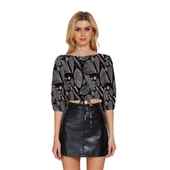 Leaves Flora Black White Nature Mid Sleeve Drawstring Hem Top by Maspions