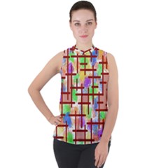 Pattern-repetition-bars-colors Mock Neck Chiffon Sleeveless Top by Maspions