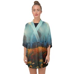 Wildflowers Field Outdoors Clouds Trees Cover Art Storm Mysterious Dream Landscape Half Sleeve Chiffon Kimono by Posterlux