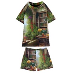 Room Interior Library Books Bookshelves Reading Literature Study Fiction Old Manor Book Nook Reading Kids  Swim T-shirt And Shorts Set by Posterlux