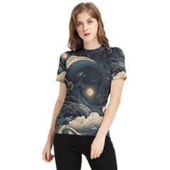 Starry Sky Moon Space Cosmic Galaxy Nature Art Clouds Art Nouveau Abstract Women s Short Sleeve Rash Guard by Posterlux