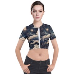 Starry Sky Moon Space Cosmic Galaxy Nature Art Clouds Art Nouveau Abstract Short Sleeve Cropped Jacket by Posterlux