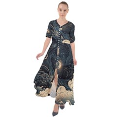 Starry Sky Moon Space Cosmic Galaxy Nature Art Clouds Art Nouveau Abstract Waist Tie Boho Maxi Dress by Posterlux