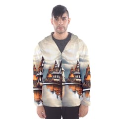 Village Reflections Snow Sky Dramatic Town House Cottages Pond Lake City Men s Hooded Windbreaker by Posterlux