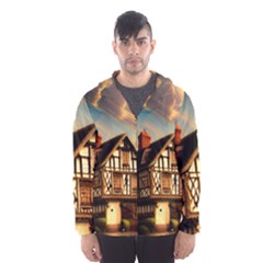 Village House Cottage Medieval Timber Tudor Split Timber Frame Architecture Town Twilight Chimney Men s Hooded Windbreaker by Posterlux