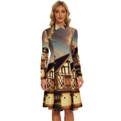 Village House Cottage Medieval Timber Tudor Split Timber Frame Architecture Town Twilight Chimney Long Sleeve Shirt Collar A-line Dress by Posterlux