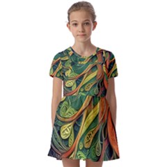 Outdoors Night Setting Scene Forest Woods Light Moonlight Nature Wilderness Leaves Branches Abstract Kids  Short Sleeve Pinafore Style Dress by Posterlux