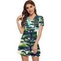 Pine Moon Tree Landscape Nature Scene Stars Setting Night Midnight Full Moon V-Neck High Waist Chiffon Mini Dress View2