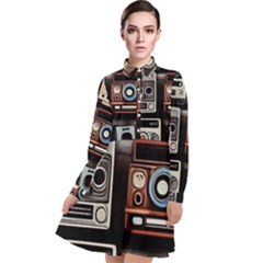 Retro Cameras Old Vintage Antique Technology Wallpaper Retrospective Long Sleeve Chiffon Shirt Dress by Grandong