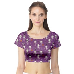 Skull Halloween Pattern Short Sleeve Crop Top by Maspions