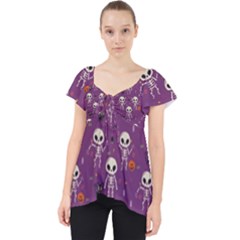 Skull Halloween Pattern Lace Front Dolly Top by Maspions