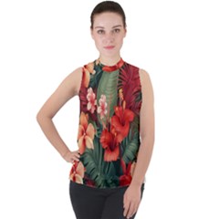 Tropical Flower Bloom Mock Neck Chiffon Sleeveless Top by Maspions