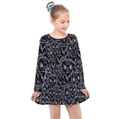 Old Man Monster Motif Black And White Creepy Pattern Kids  Long Sleeve Dress by dflcprintsclothing