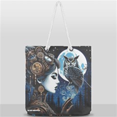 Steampunk Woman With Owl 2 Steampunk Woman With Owl Woman With Owl Strap Full Print Rope Handle Tote (large) by CKArtCreations