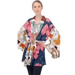 5902244 Pink Blue Illustrated Pattern Flowers Square Pillow Long Sleeve Velvet Kimono  by BlackRoseStore