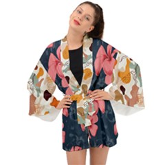 5902244 Pink Blue Illustrated Pattern Flowers Square Pillow Long Sleeve Kimono by BlackRoseStore