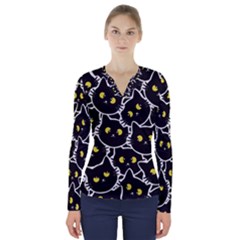 Cat Pattern Pet Drawing Eyes V-neck Long Sleeve Top by Maspions