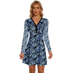 Blue Roses 1 Blue Roses 2 Long Sleeve Deep V Mini Dress  by DinkovaArt