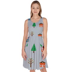 House Trees Pattern Background Knee Length Skater Dress With Pockets by Maspions